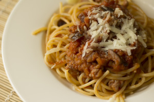 Spaghetti with eggplant and sausage